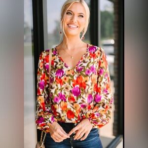 NWOT Floral Print Blouse, Gorgeous Warm Colors, Size M